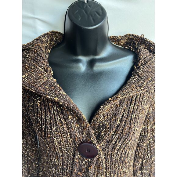 BCBG Max Azria Y2K Chunky Knit Brown Cardigan Sweater S Hooded Retro 3/4 Sleeve - Picture 2 of 12
